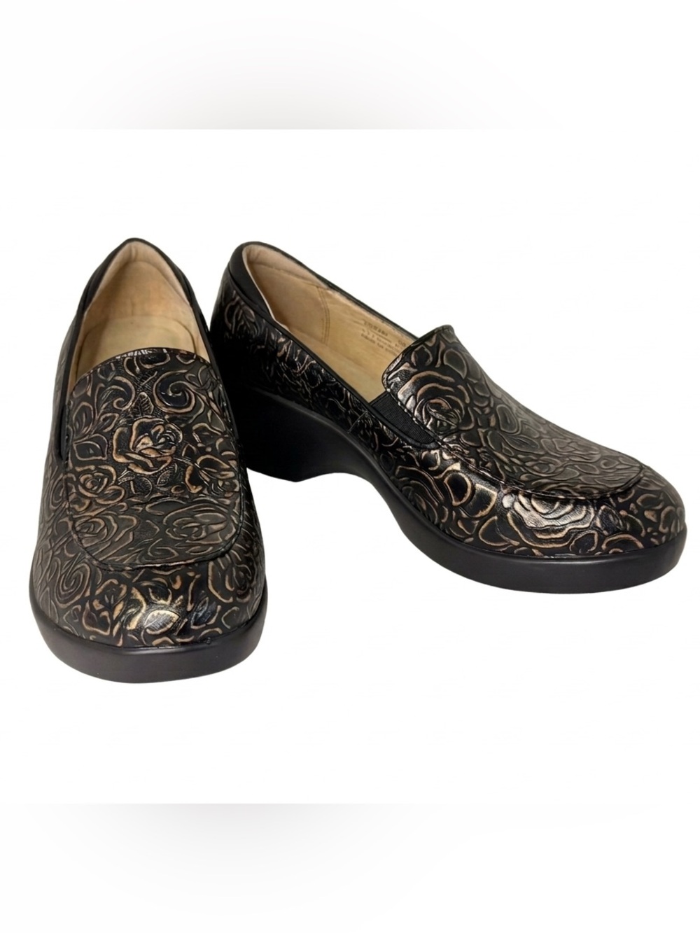 Alegria Emma Bronze Bouquet Floral Embossed Leather Comfort Clog Wedge Slip On